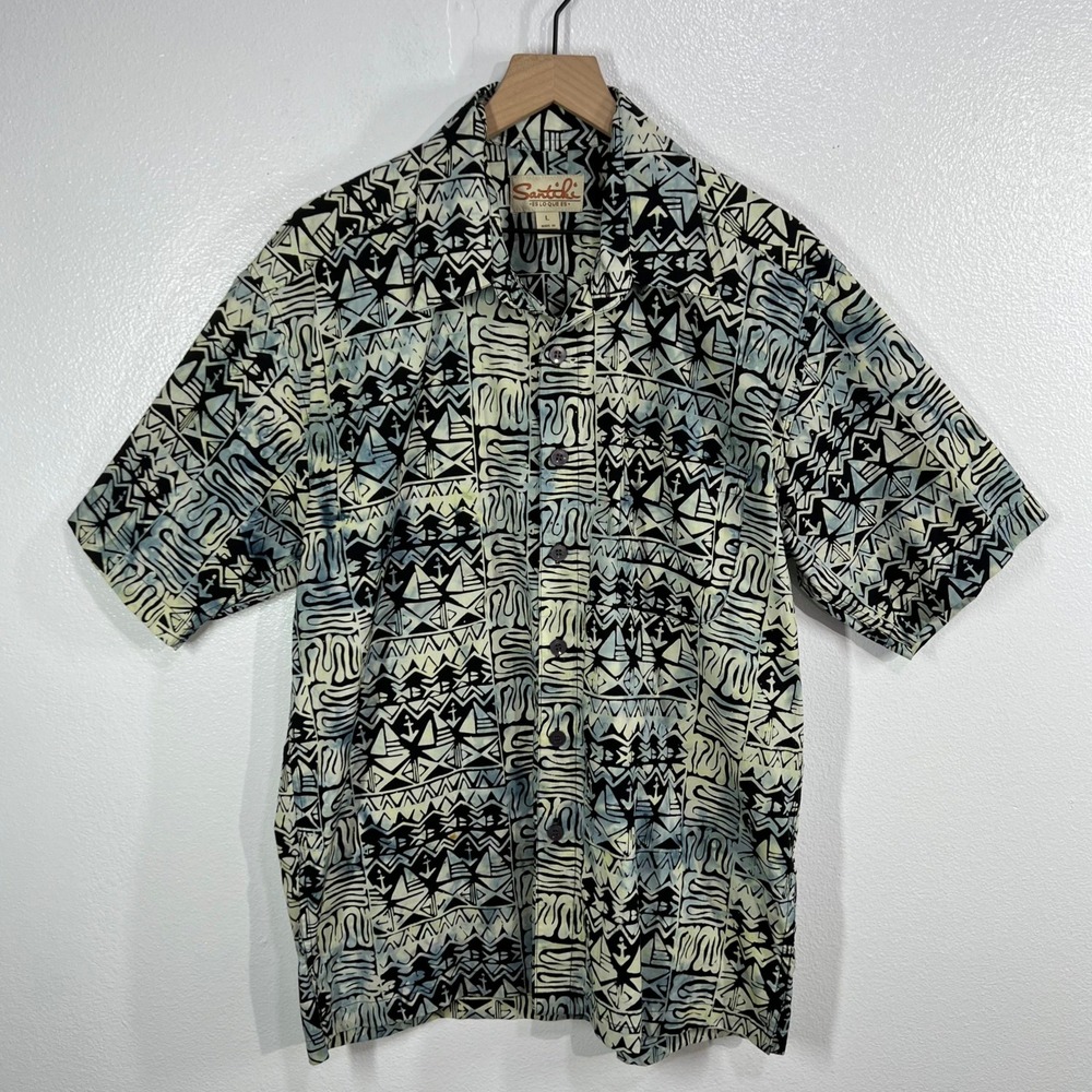 Vtg. SANTIKI Mens Large Batik Hawaiian Camp Shirt Tribal Tapa Geometric Sailboat
